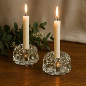 Set of 2 Heavy Clear Glass Candle Holders – Vintage Flower Frog Style